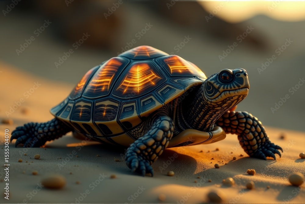 Obraz premium A turtle moves gracefully across a sandy terrain during a serene moment in nature.