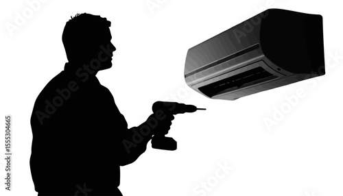 Silhouette of a technician installing an air conditioner with a drill on a wall, black and white, home improvement concept.