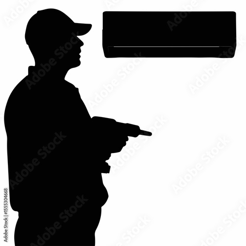 Silhouette of technician installing air conditioner with a drill against a white background, concept of home improvement and HVAC services.