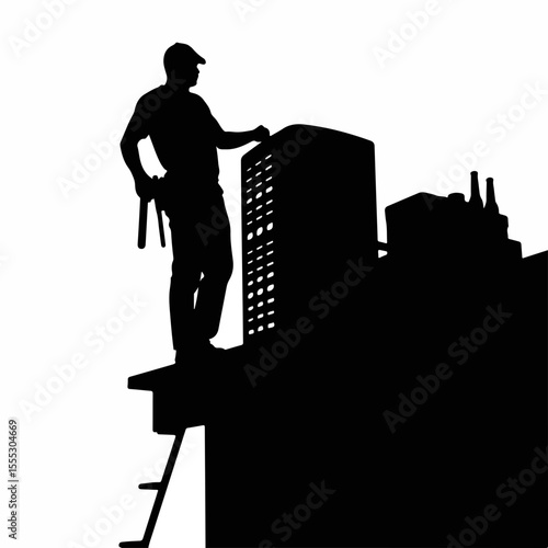 Silhouette of a man installing a condenser unit on the roof while standing on a ladder, black and white, construction and HVAC concept.