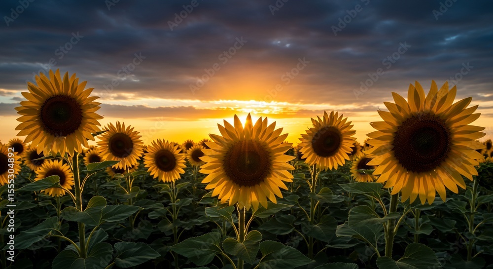 Obraz premium Golden Hour Sunflower Field with Dramatic Sunset Sky