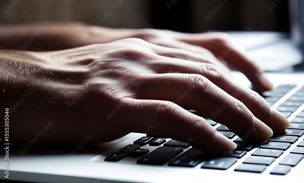 Fototapeta premium Hand turning werewolf paw typing on laptop