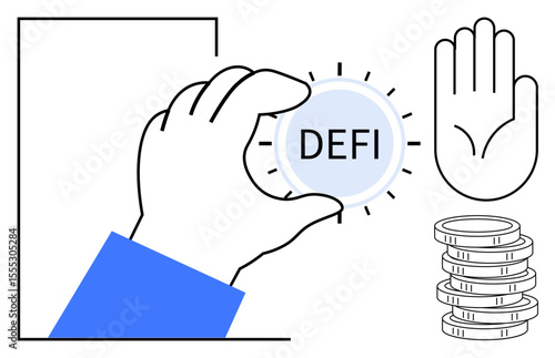 Hand holding decentralized finance coin beside stop gesture and stacked coins. Ideal for blockchain, cryptocurrency, finance, security, investment, digital economy, fintech. A simple flat metaphor