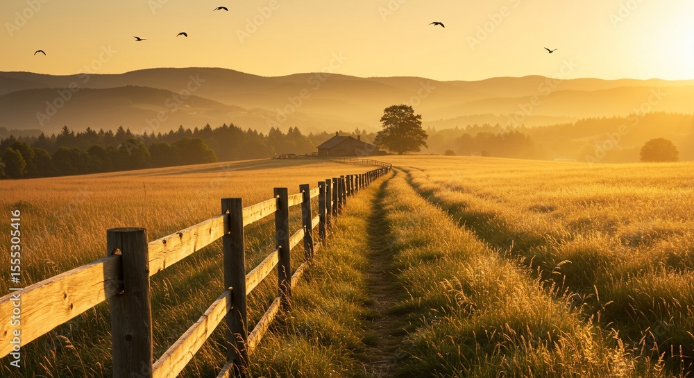 Obraz premium Golden Hour on the Farm Wooden Fence Path and Distant House