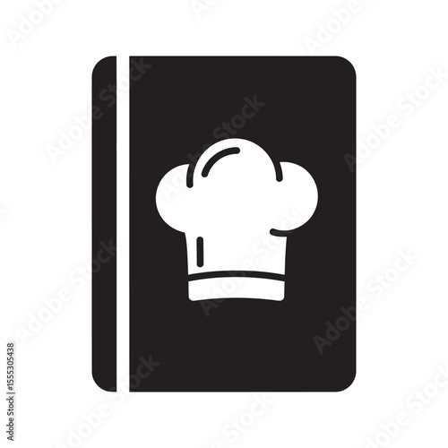 Recipe book icon with a chef hat representing a cookbook for culinary instruction cooking guide and gourmet meal preparation in the kitchen vector solid glyph icon