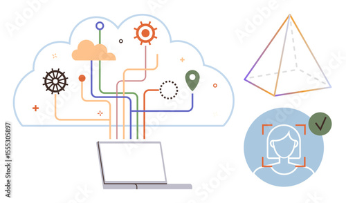 Cloud with network lines linking to laptop, geometric pyramid symbolizing structure, and biometric face recognition tick. Ideal for technology, cloud computing, connectivity, biometrics, geometry