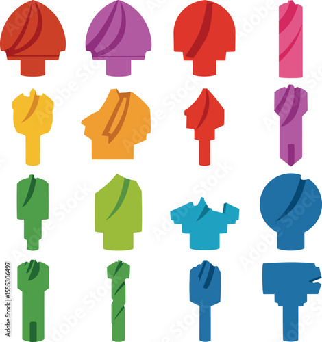 Colorful drill bits vector illustration showcasing a vibrant assortment of industrial and DIY tools, ideal for construction, carpentry, and repair-themed designs.
