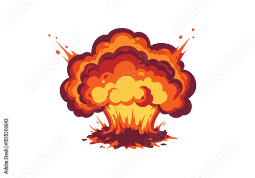 A mushroom cloud erupts with vibrant yellows oranges  dark reds forming a billowing shape against a white backdrop