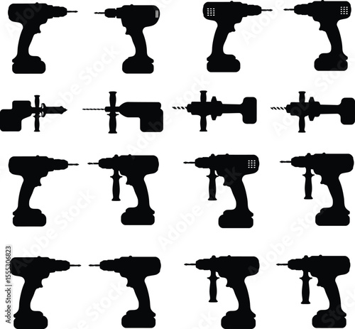 Colorful cordless drill vector illustrations: versatile power tools for drilling and driving, essential for construction, DIY, and workshop tasks with various designs and battery options.