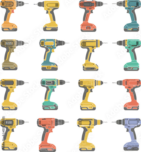 Colorful cordless drill vector illustrations: versatile power tools for drilling and driving, essential for construction, DIY, and workshop tasks with various designs and battery options.