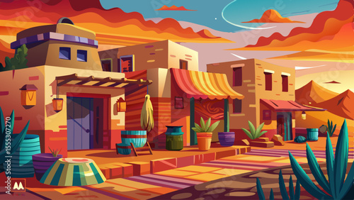 Adobe buildings in earthy tones stand under a vivid desert sky. Soft shadows stretch across terra-cotta walls as the sun sets. Brightly colored tiles and woven rugs hang in market stalls. The scene 
