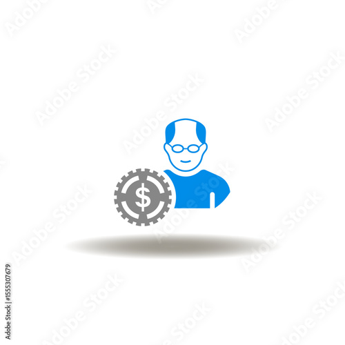 Vector illustration of elderly person or senior with glasses and with bald head and cash coin. Symbol of pension. Icon of retirement.