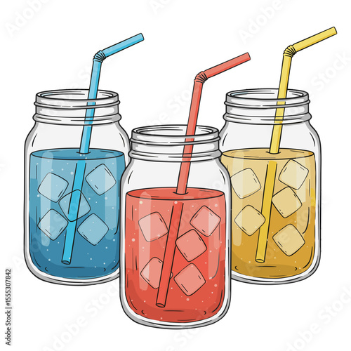 Vector illustration set of three summer iced drinks in mason jars with straws isolated on white background