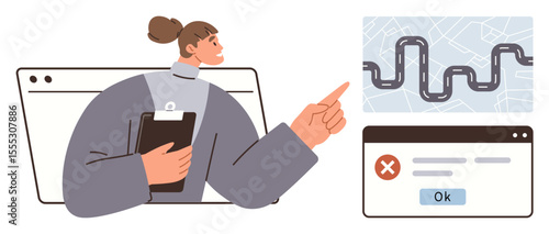 Woman holding clipboard points to a winding road map while addressing an error notification. Ideal for navigation, logistics, planning, troubleshooting, decision-making, technology, process