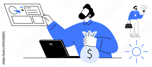 Businessman evaluates analytics with laptop, holding bag of money. Idea metaphor with light bulb and sun. Ideal for finance, innovation, business growth, investment, strategy, entrepreneurship