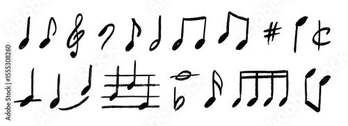 Hand drawn music notes set. Chalk doodled musical symbols collection. Charcoal brush scribbled music signs bundle. Crayon textured sketched music clefs and keys pack. Sound elements. Vector