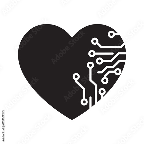 Digital health glyph icon showing heart with circuit lines for cardiology technology and bionic healthcare innovation vector vector solid glyph icon