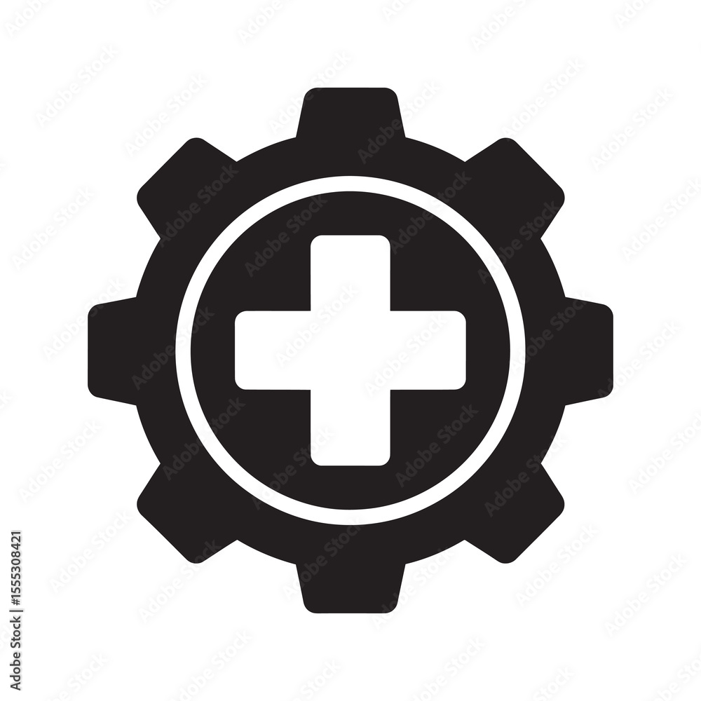 Obraz premium Healthcare management glyph icon with medical cross inside gear representing health system settings and process vector illustration vector solid glyph icon