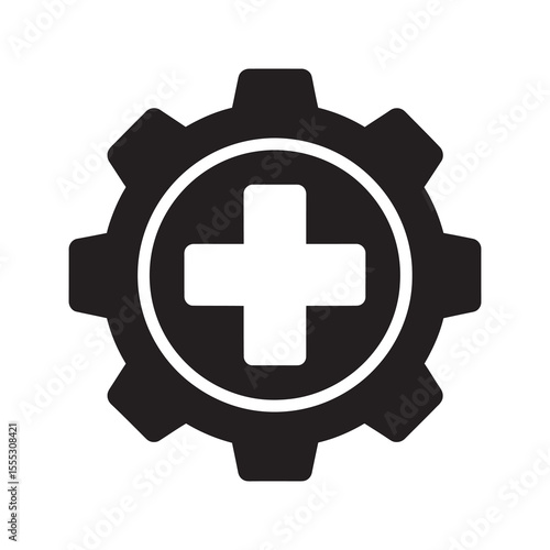 Healthcare management glyph icon with medical cross inside gear representing health system settings and process vector illustration vector solid glyph icon