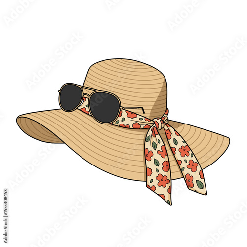 Vector illustration of straw hat with floral ribbon and sunglasses, summer fashion accessory