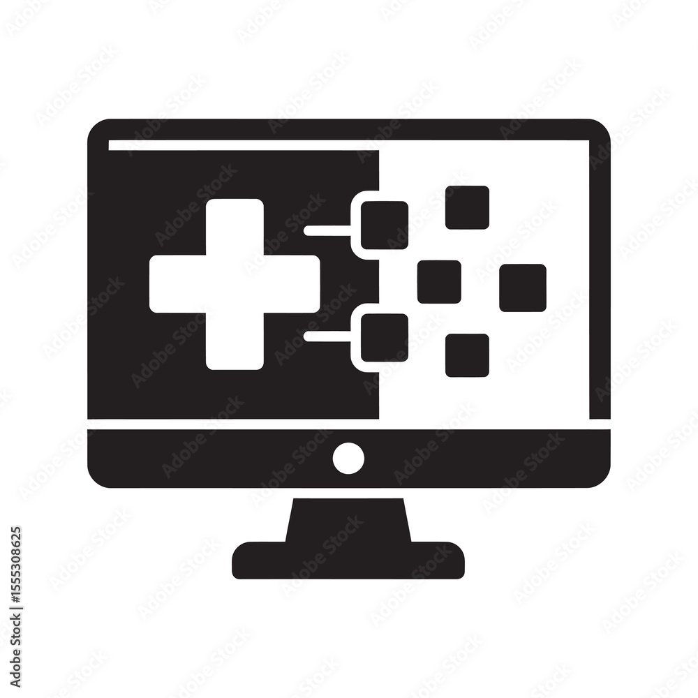 Fototapeta premium Online medical record glyph icon on computer screen showing digital health data and patient information system vector illustration vector solid glyph icon