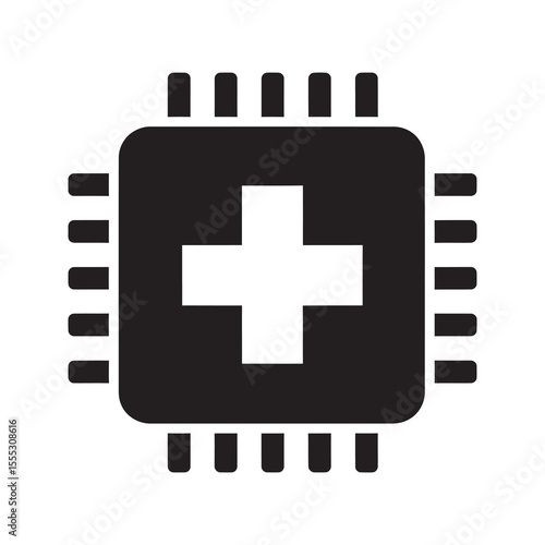 Medical technology glyph icon showing healthcare cross on a computer processor for digital medicine innovation vector illustration vector solid glyph icon