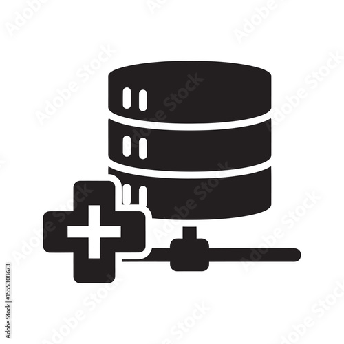 Healthcare database glyph icon showing medical server for patient data storage and electronic health record management vector vector solid glyph icon