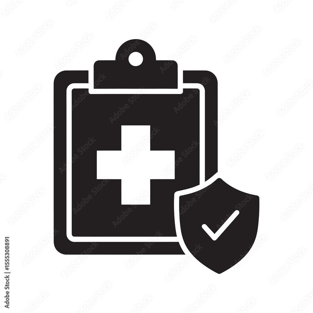 Fototapeta premium Secure medical report glyph icon showing clipboard with health data and protection shield for patient privacy vector illustration vector solid glyph icon