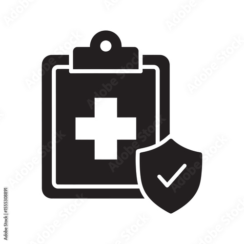 Secure medical report glyph icon showing clipboard with health data and protection shield for patient privacy vector illustration vector solid glyph icon