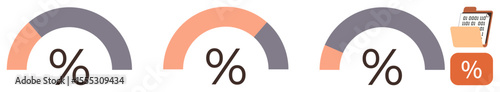 Three semi-circular percentage progress bars in gradient colors showcasing various levels, accompanied by a calendar and percentage box. Ideal for data tracking, analytics, goals, achievements