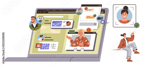 Laptop screen with video calls, chat windows, user profiles, graphs, and face scanning. Ideal for remote work, digital connection, virtual meetings, online learning teamwork privacy simple flat