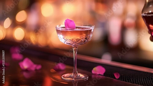 A cocktail is being poured into a glass. The drink is garnished with a pink rose petal. The background features a blurred bar setting with warm lighting.