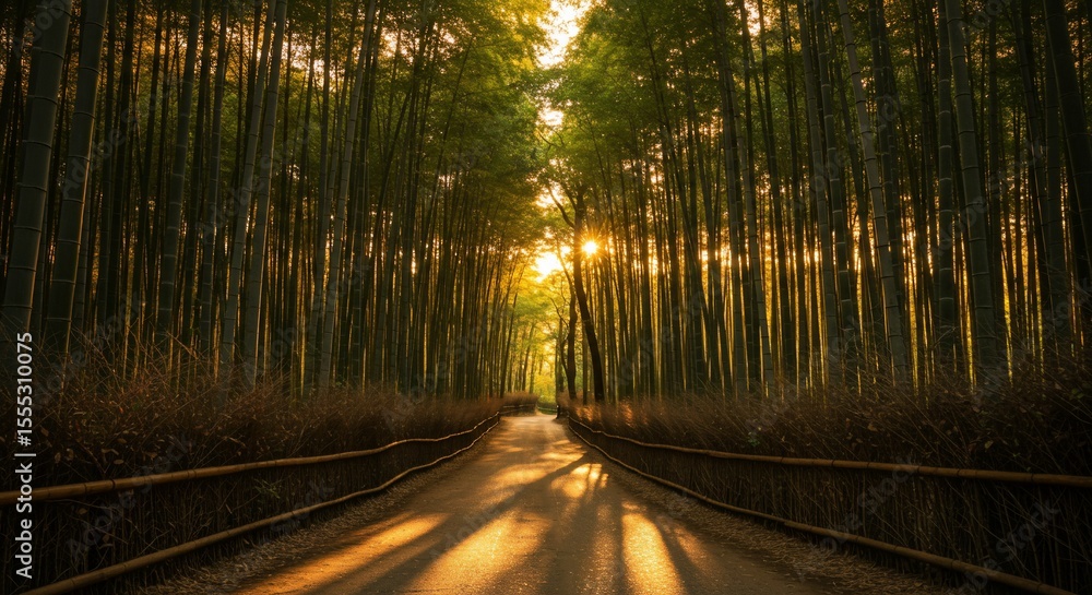 Obraz premium Golden Sunset Through a Tranquil Bamboo Forest Path