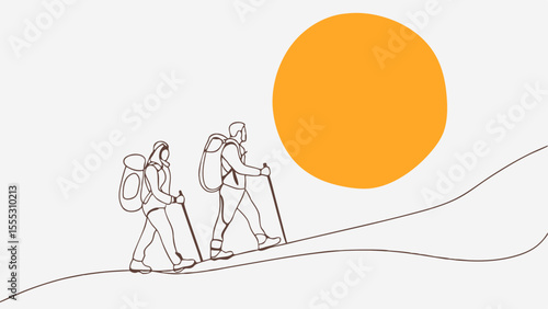 Two hikers with backpacks ascend a winding mountain trail under a vibrant sun, showcasing the spirit of outdoor adventure and nature exploration in a minimalist illustration style