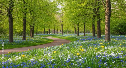 Wallpaper Mural Idyllic spring pathway through lush green park with blooming daffodils and bluebells Torontodigital.ca