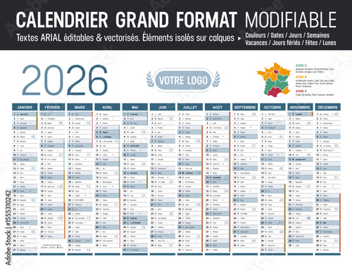 Calendrier Français 2026 modifiable, grand format France, éléments isolés sur calques, textes en Arial, éditables et vectorisés.
