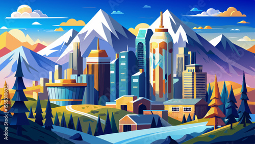 Skyscrapers shine under a blue alpine sky, backed by snow-dusted peaks. Cyclists ride through leafy boulevards, and breweries bustle with golden afternoon light. Parks and sculptures blend nature with