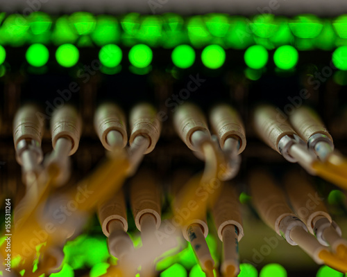 Papier peint Close-up view of fiber optic cables plugged into a network switch, with green LED status lights glowing in the background