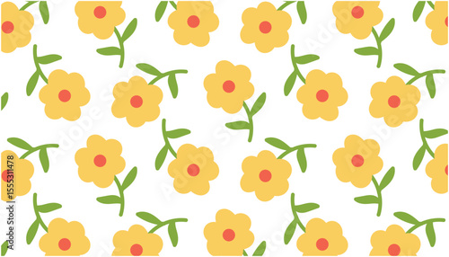 Seamless pattern of yellow flowers with green stems on white background.