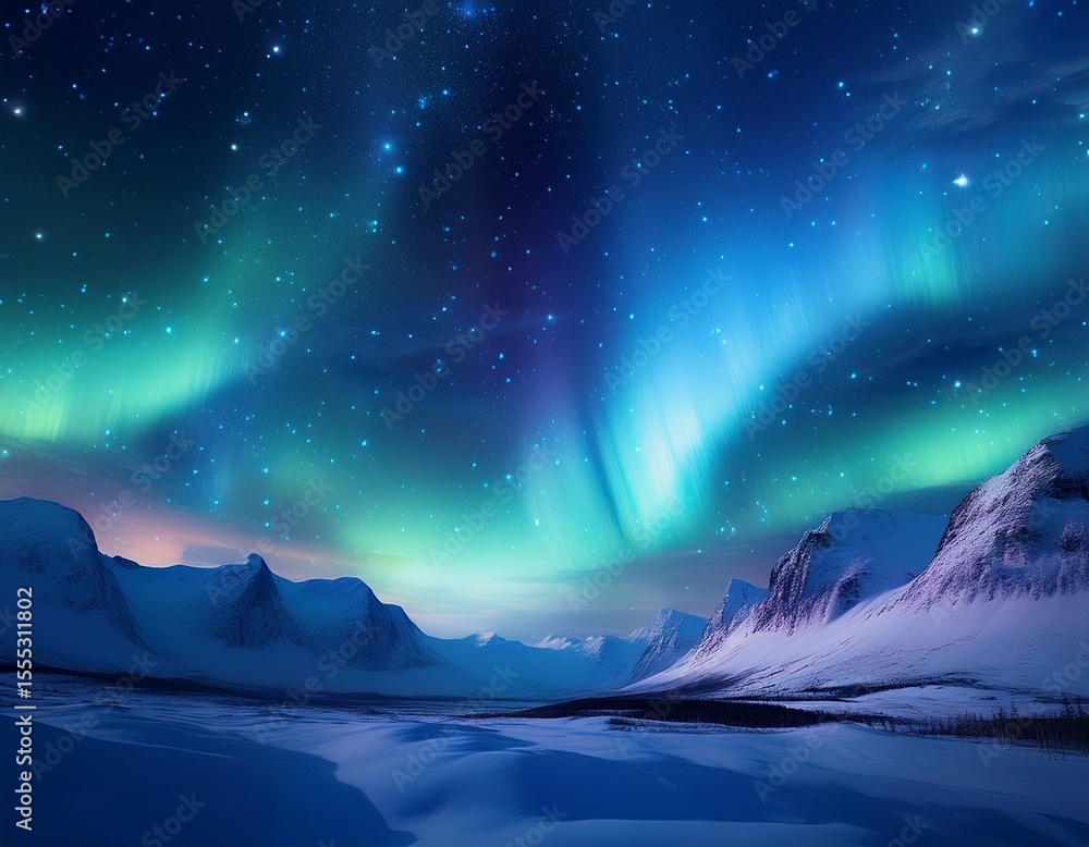 Naklejka premium magical sky with aurora and stars blue northern