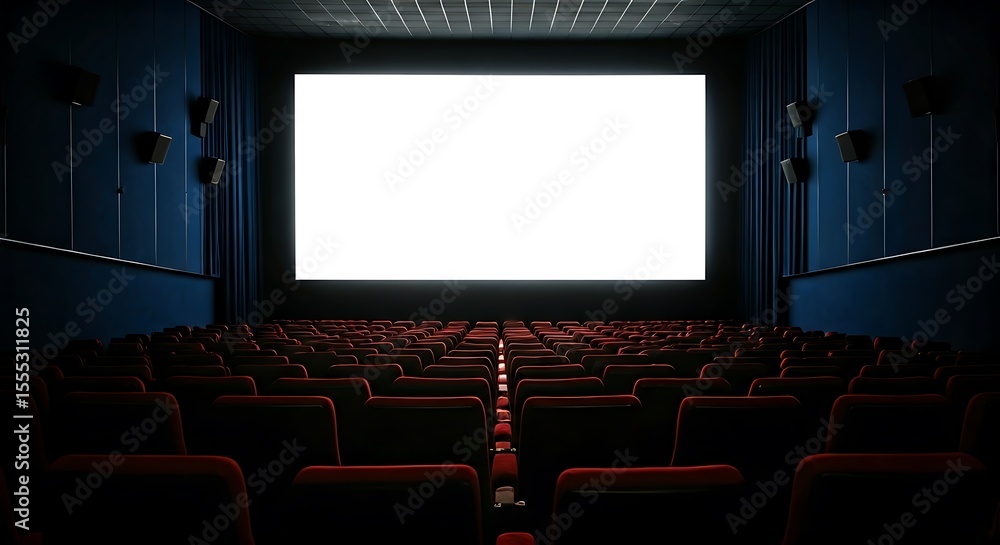 Fototapeta premium Empty Movie Theater with Red Seats and a Blank White Screen Ready for a New Film