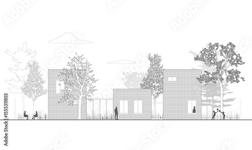 Architectural Drawings, Minimal style cad building house drawing, Side view, set of section outline for landscape design drawing. Vector illustration in separate element