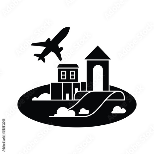 Play area with houses and airplane representing entertainment options at the airport  