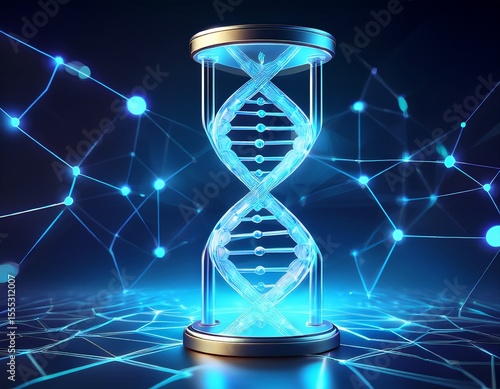a futuristic concept of longevity and life expectancy featuring a glowing low polygon dna helix and hourglass on a dark blue background