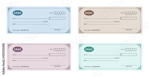Collection of bank check template isolated on a white backdrop. Set of bank cheque on a white background