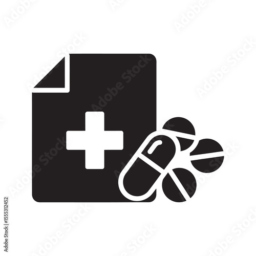 Medical prescription icon with document and pills representing a treatment plan from a pharmacy for healthcare and pharmaceutical medication dosage vector solid glyph icon