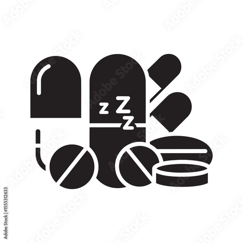 Sleeping pills icon for insomnia treatment representing sedative medication and sleep aid supplements for rest and overcoming sleep disorders vector solid glyph icon
