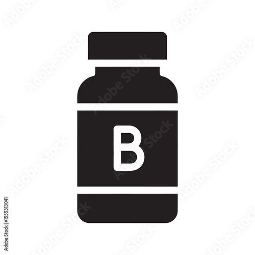Vitamin B supplement bottle icon representing a health product for nutrition and wellness a container for pills or tablets for daily dietary intake vector solid glyph icon