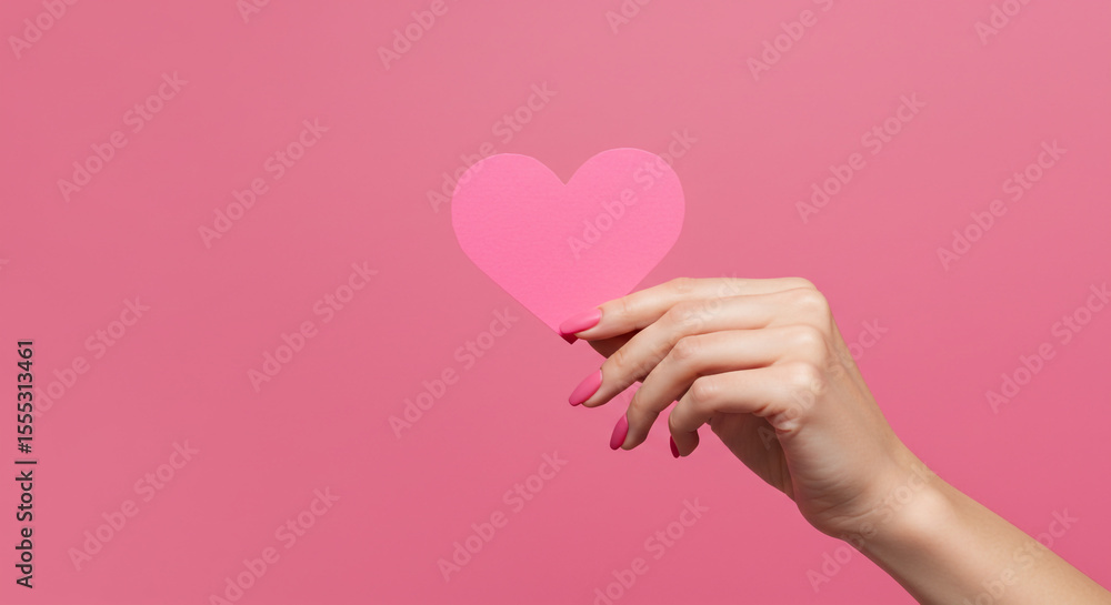A woman's hand holding a pink heart against a pink background for valentine's day or love concept A woman's hand holding a pink heart against a pink background for valentine's day or love concept