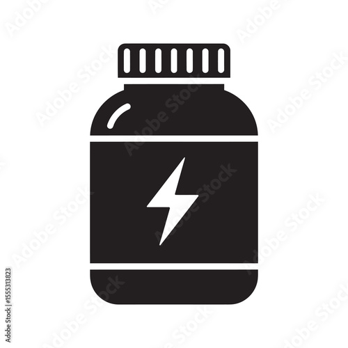 Energy supplement bottle icon with a lightning bolt for sports nutrition a pre workout performance booster for fitness and athletic power enhancement vector solid glyph icon